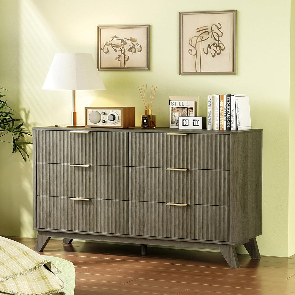VINGLI Fluted Grey Dresser 6 Drawer Gray Dresser with Rounded Edges, Grey Dre...