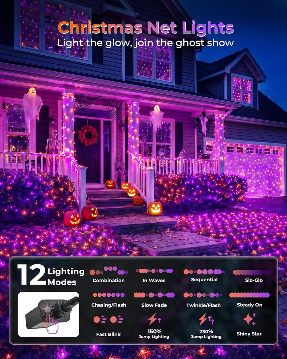 2 Pack 360 LED 12×5FT Halloween-Net-Lights-Outdoor, 12 Light Modes & Timer