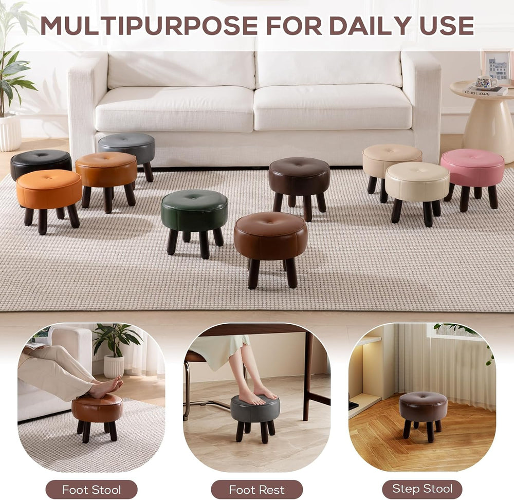 Small 13" Foot Stool Ottoman, Round Pouf Foot Rest, Faux Leather Footsto...
