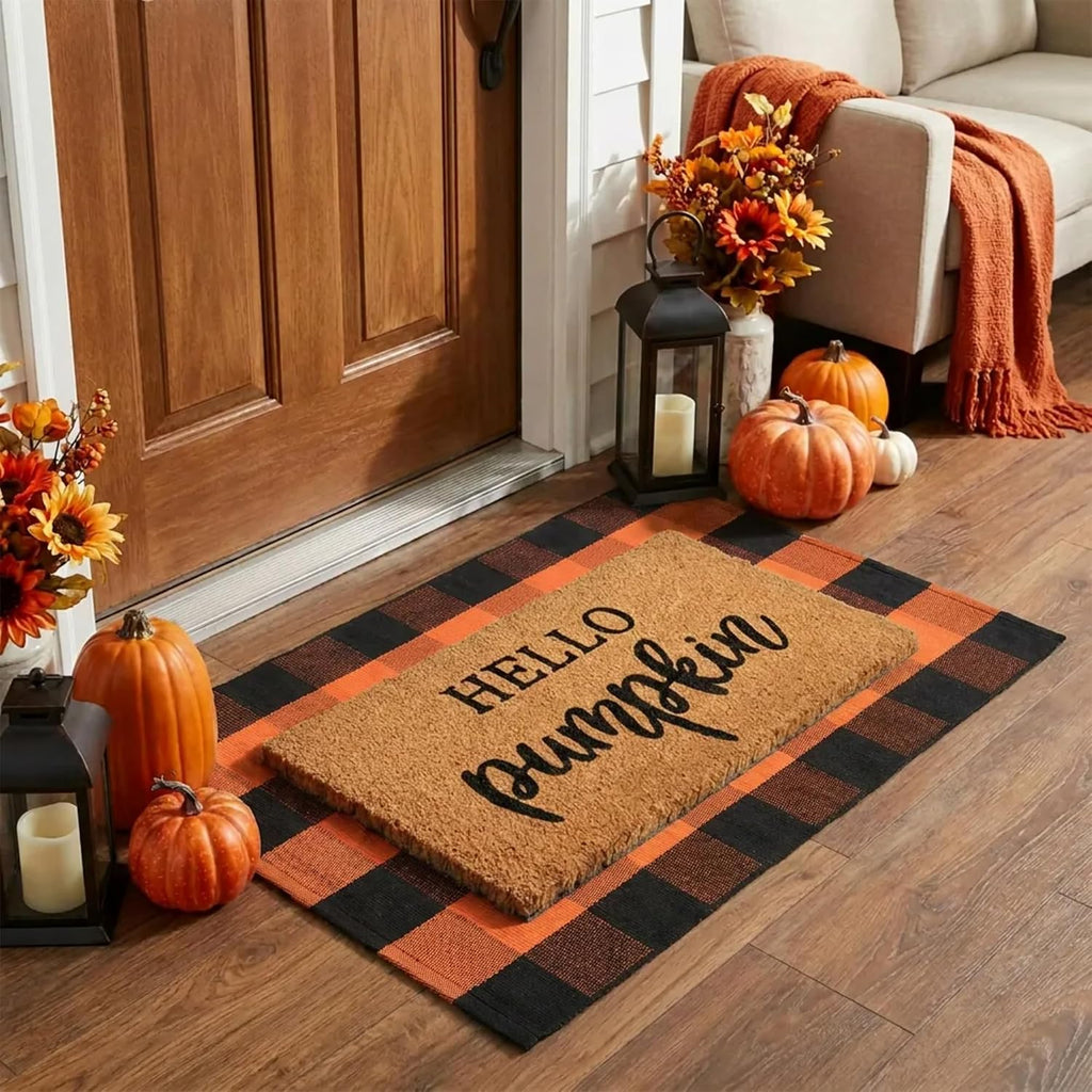 Fall Decor Door Mat Combo Set, 100% Coco Coir Welcome Mat + 28 x 43 Inches Orange and Black Plaid Rug- Fall Thanksgiving Front Porch Entryway Floor Doormat, Indoor Outdoor Autumn Mats Hello Pumpkin
