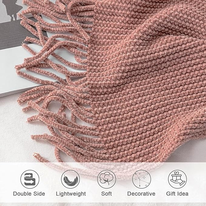 lifein Pink Throw Blanket for Couch, Soft Boho Decor Bed Throw, Cozy Chenille - Image 5