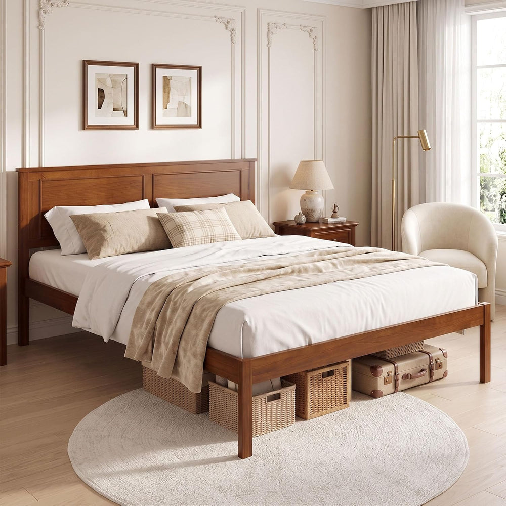 Full Size Bed Frame with Solid Wood Legs and Wooden Slats