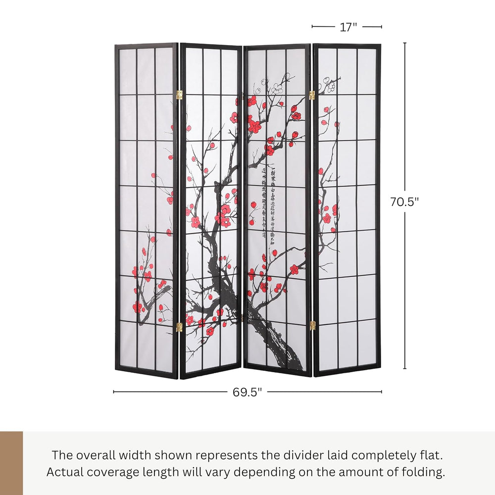 Roundhill Furniture Black Japanese 4-Panel Screen Room Divider, Plum Blossom