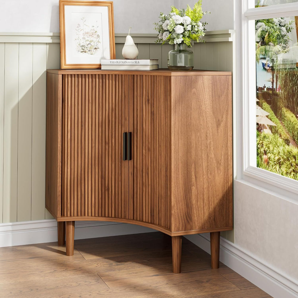 Lxsxlome Fluted Corner Cabinet with Sliding Doors and Adjustable Shelves