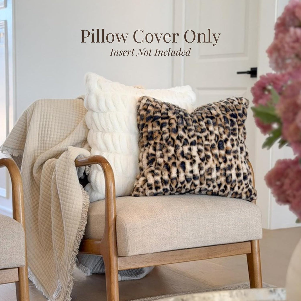 Skye's Ruched Faux Fur Pillow Covers, Set of 2, 18 x 18, Leopard | No-shed fabric, double sided, hidden zipper closure, durable inner lining, ultra-soft texture, thick and plush feel
