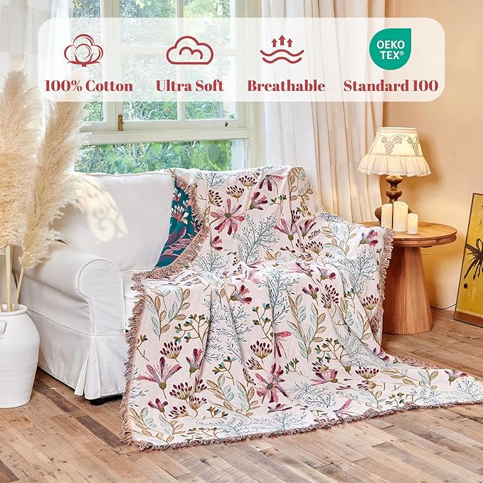 MSGKV Boho Throw Blanket for Bed 60"x80" Floral 100% Cotton Couch Blanket - Image 2