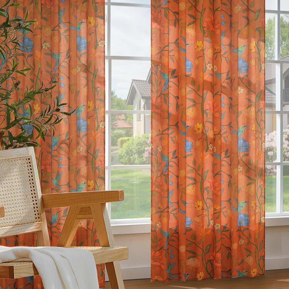 Terracotta Floral Linen Curtains, Boho Whimsical Bird Print Curtains for Bedr...