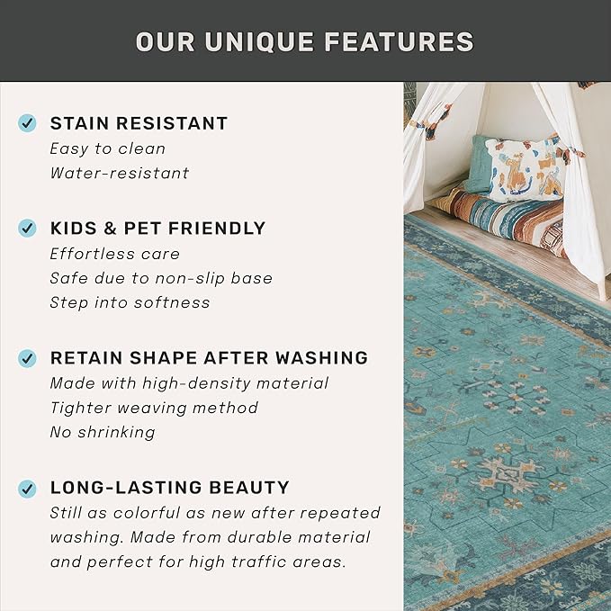 Boho Teal 7x9 Soft Rugs for Living Room, Washable Turquoise Rug for Bedroom - Image 7