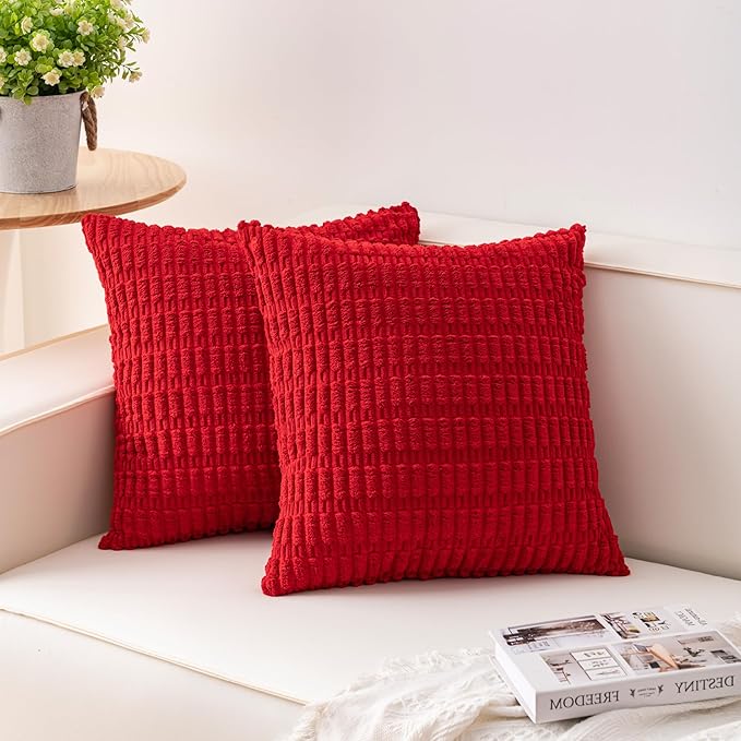 Pack of 2 Christmas Red Corduroy Decorative Throw Pillow Covers 16x16 Inch Soft by Unknown