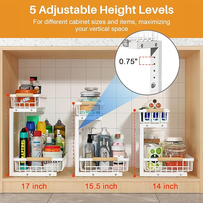 REALINN Under Sink Organizer, Height Adjustable 2 Tier Pull Out Cabinet Storage - Image 5