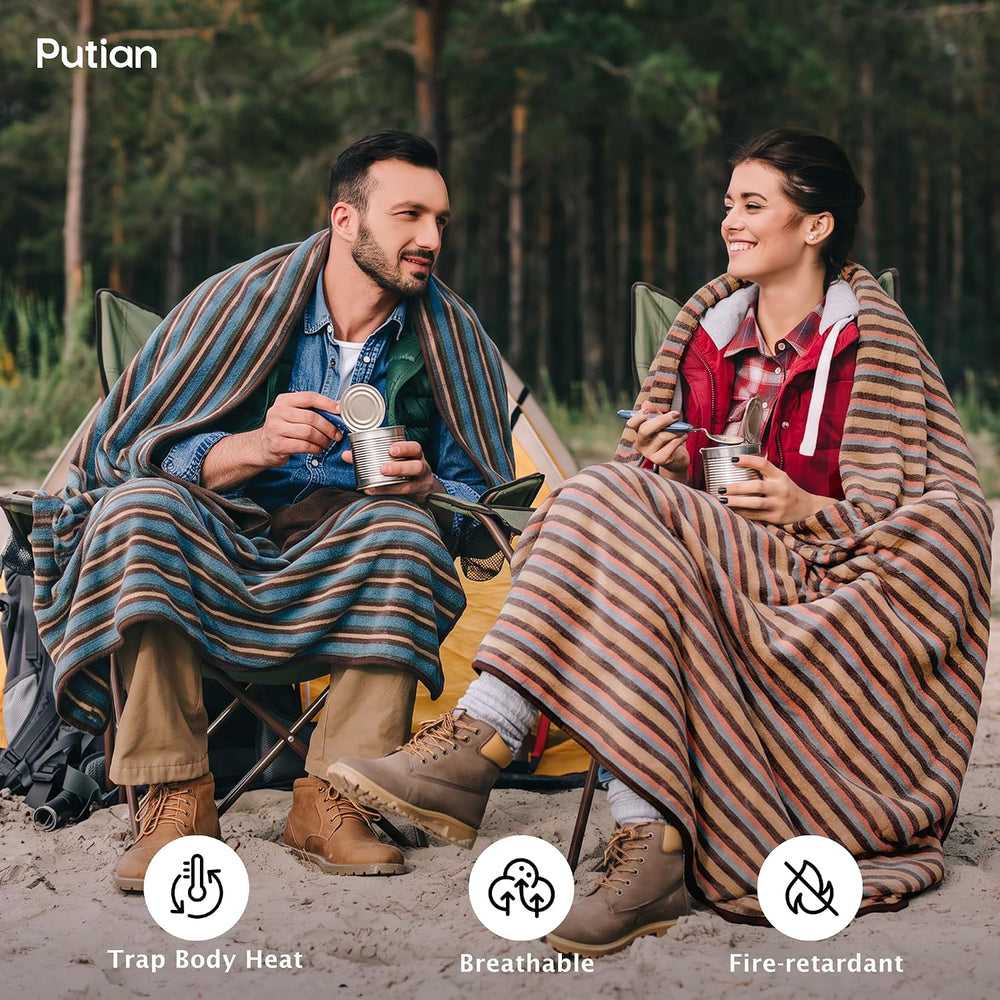 PuTian Merino Wool Blanket, 87" x 63", Retro Multicolor Stripes