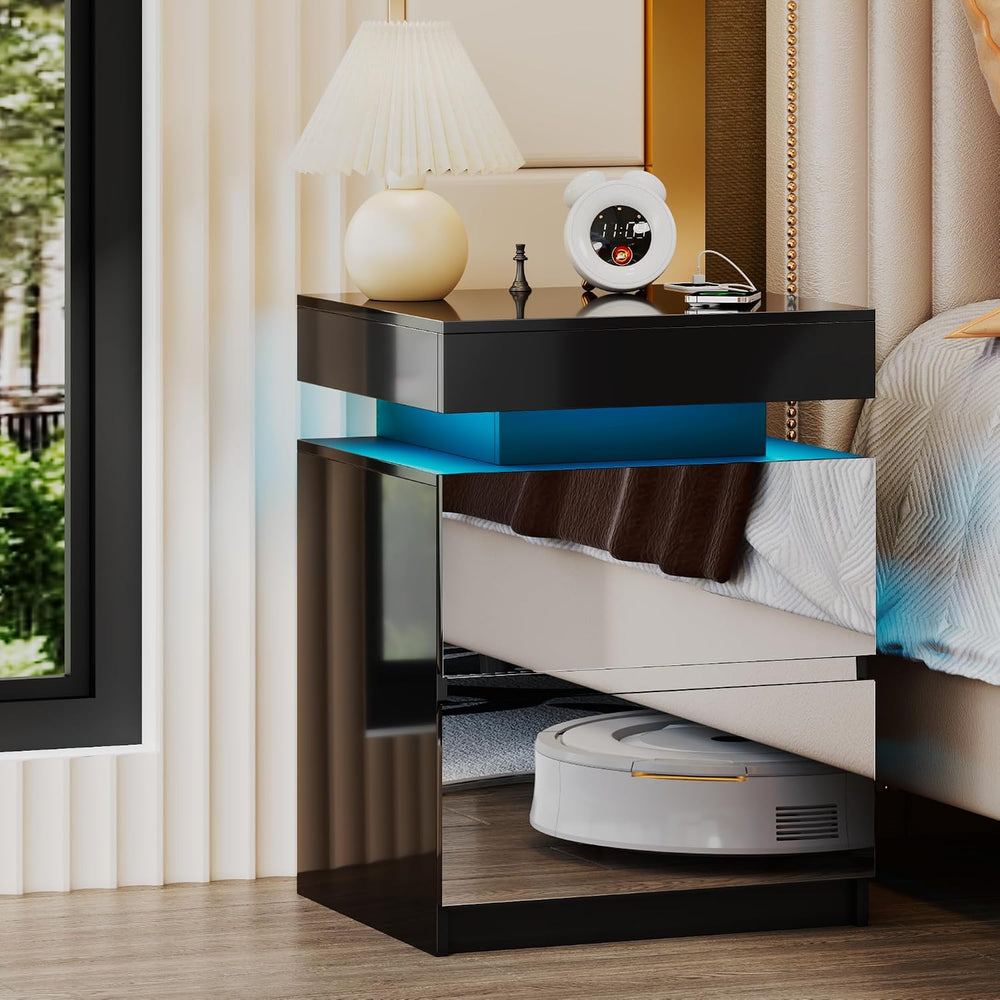 LED Mirrored Nightstand with Charging Station, Bedside Table, Black