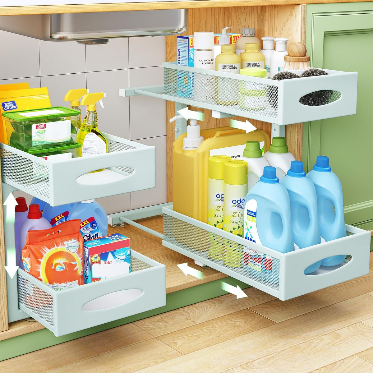 under sink organizer, 2 tier pull out cabinet shown in use