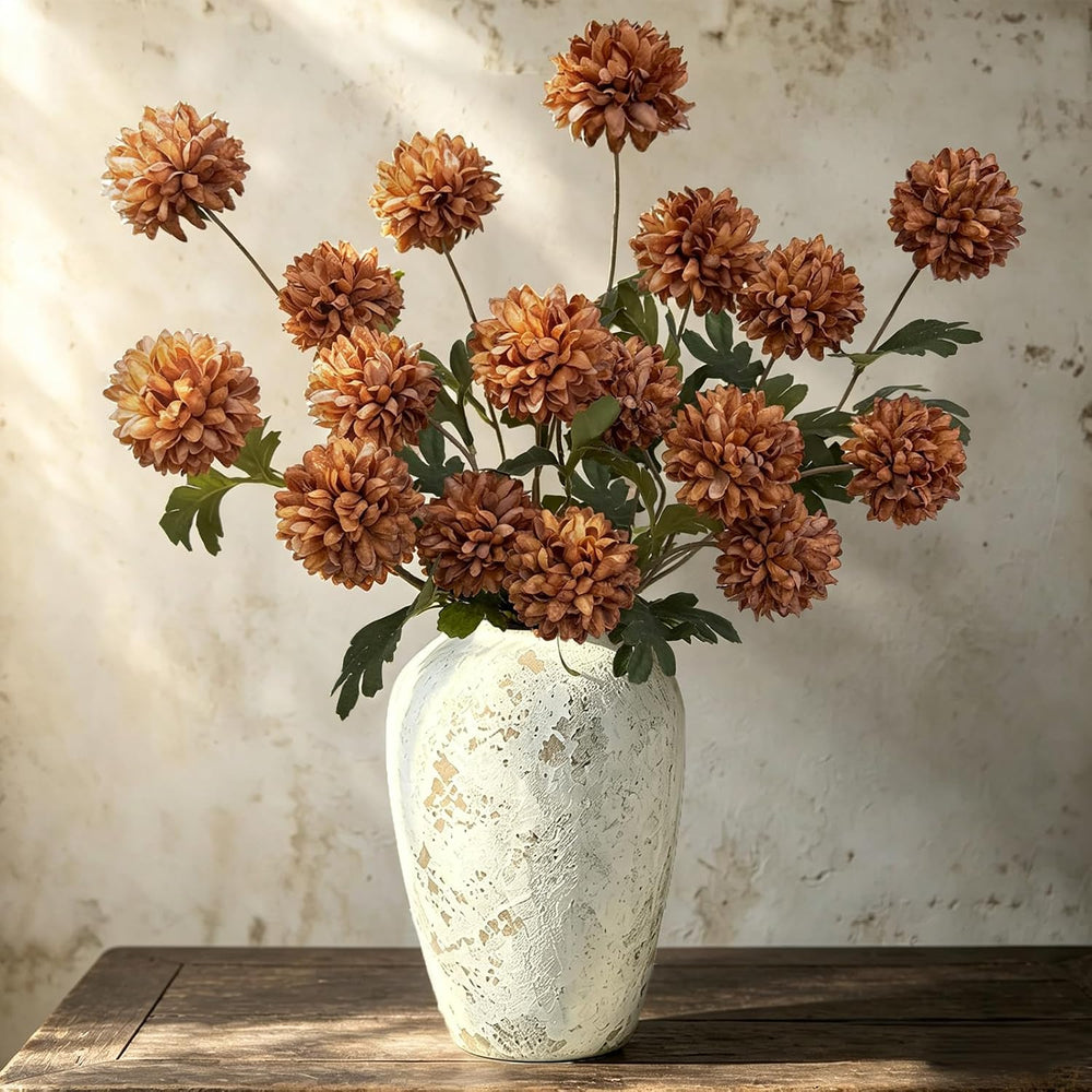 6 Pcs Fake Pompon Mums Artificial Flowers for Vase Filler 27Inch (Caramel)