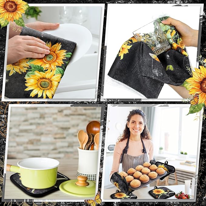 Fourluoo 10 Pcs Vintage Sunflower Kitchen Dish Towels Rugs Oven Mitts and Pot - Image 6