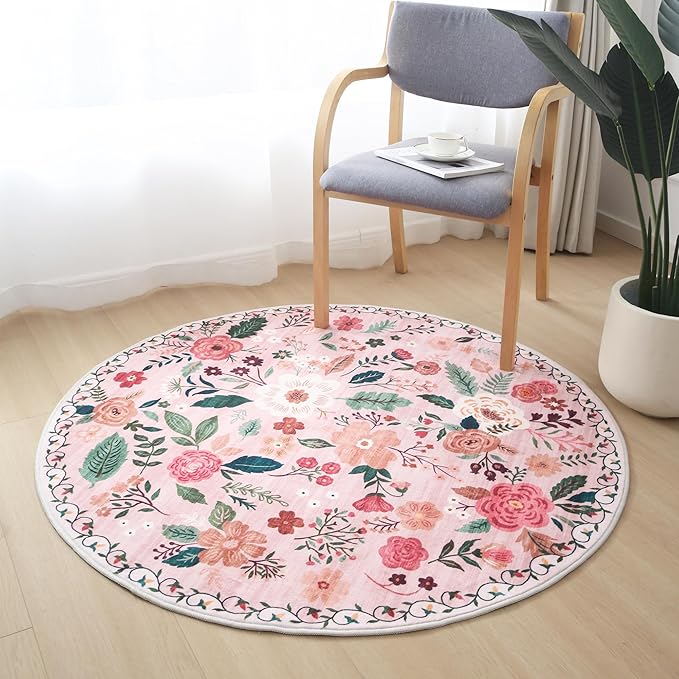 Rugcomf Round Rug 6ft Washable Circle Rug Non Slip Low Pile Boho Floral Small - Image 6