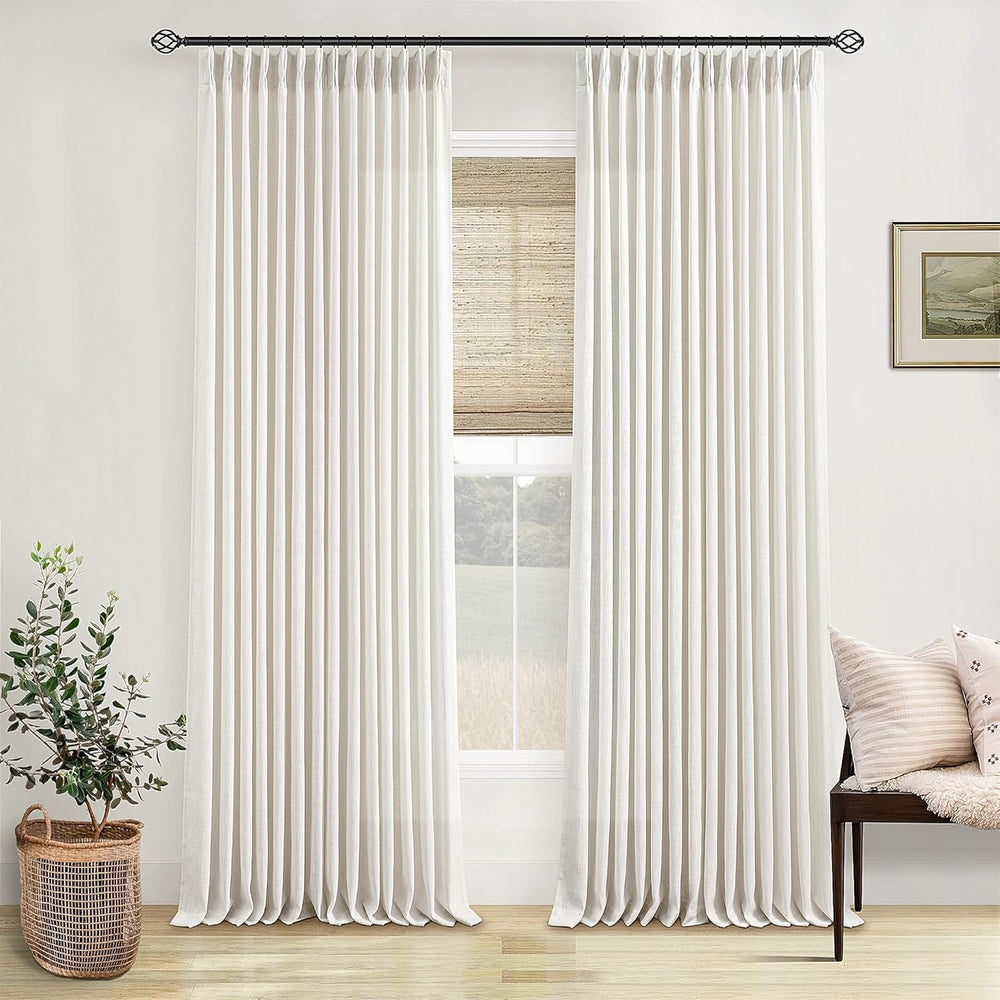 TWODRAPES Pinch Pleated Linen Curtains 108 Inches Long Natural 2 Panels Set