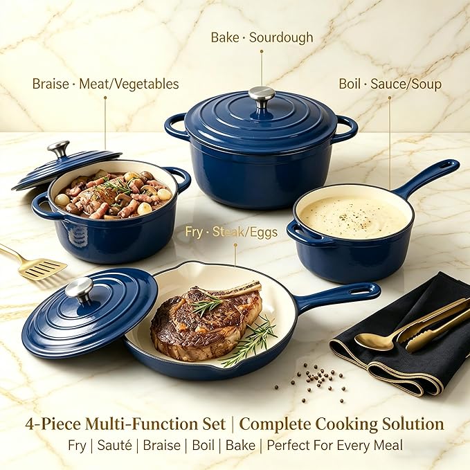 QuliMetal Enameled Cast Iron Cookware Set, 4-Piece Pots and Pans Set