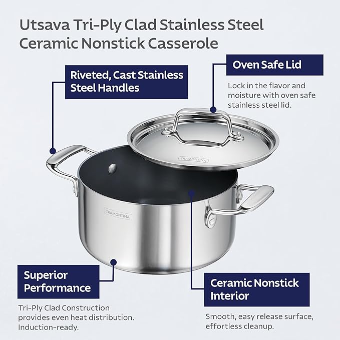 Tramontina Utsava Tri-Ply Clad Stainless Steel 5-Quart Casserole - Image 3