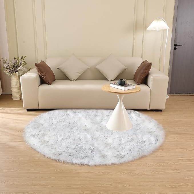 ORINOVA Grey and White Washable Shaggy Round Rug 5ft Circle Faux Sheepskin - Image 7