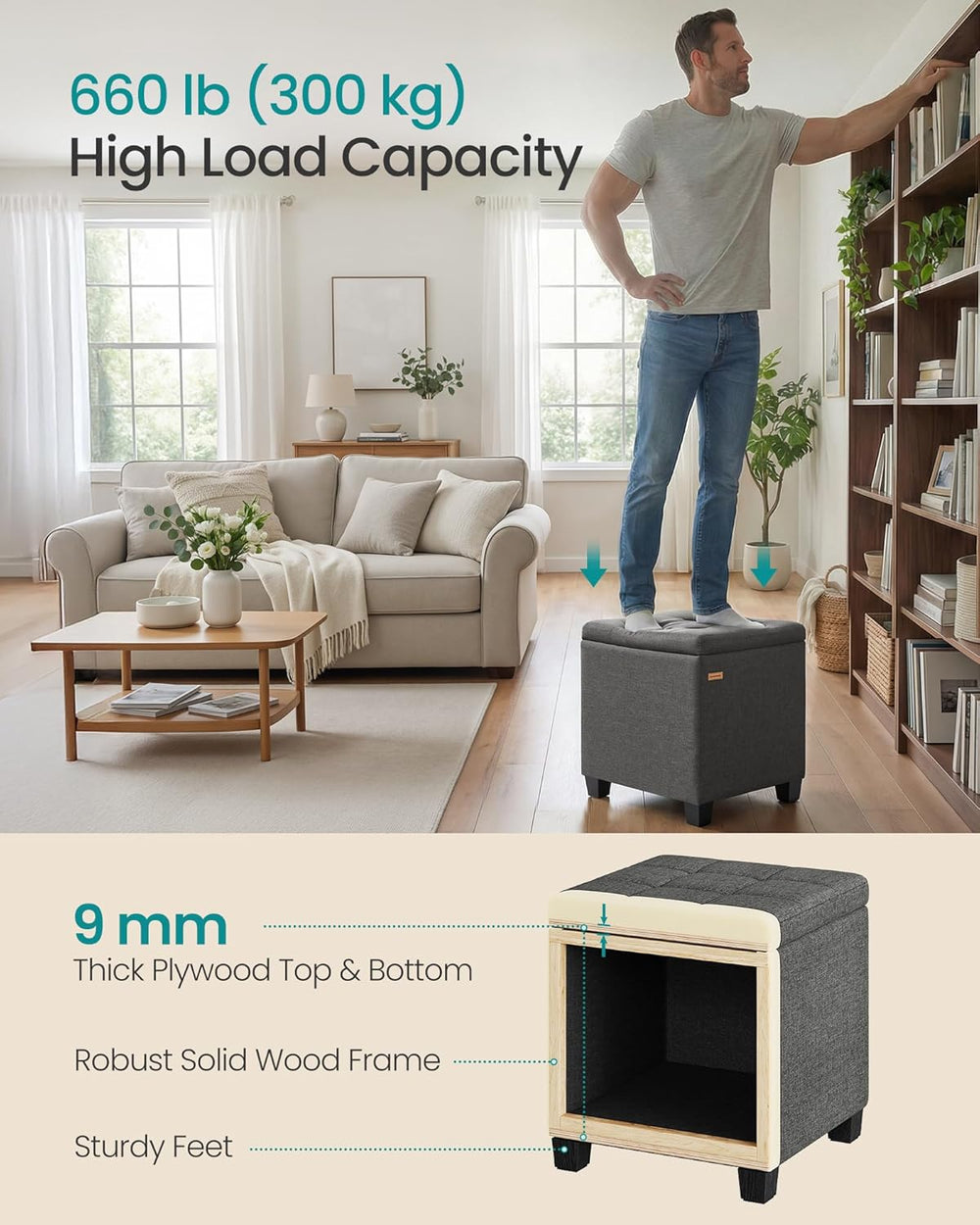 SONGMICS Square Storage Ottoman with Hinged Lid, 16.9 x 16.9 x 18.1 Inches | ...