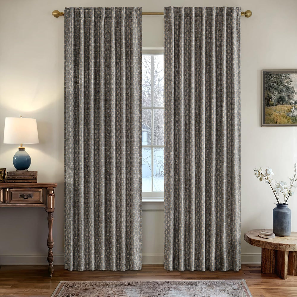 MIULEE Patterned Farmhouse Linen Curtains, Back Tab, 52Wx84L, Dark Grey