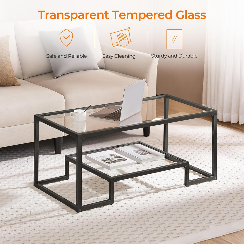 Yaheetech Glass Coffee Table for Living Room, 42" with Storage Shelf, Black