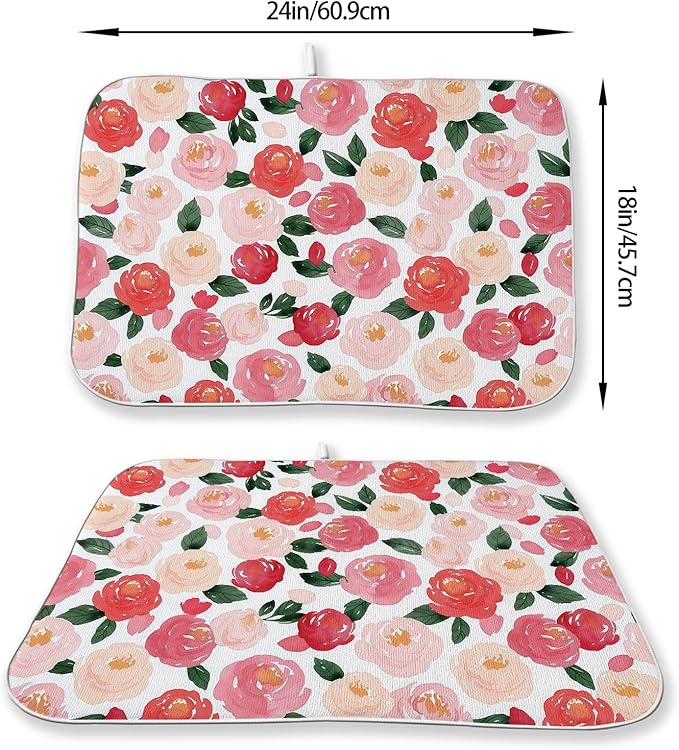 Floral Dish Drying Mat 18x24 Inch Watercolor Red Pink Flower Drying Mat Vintage - Image 2