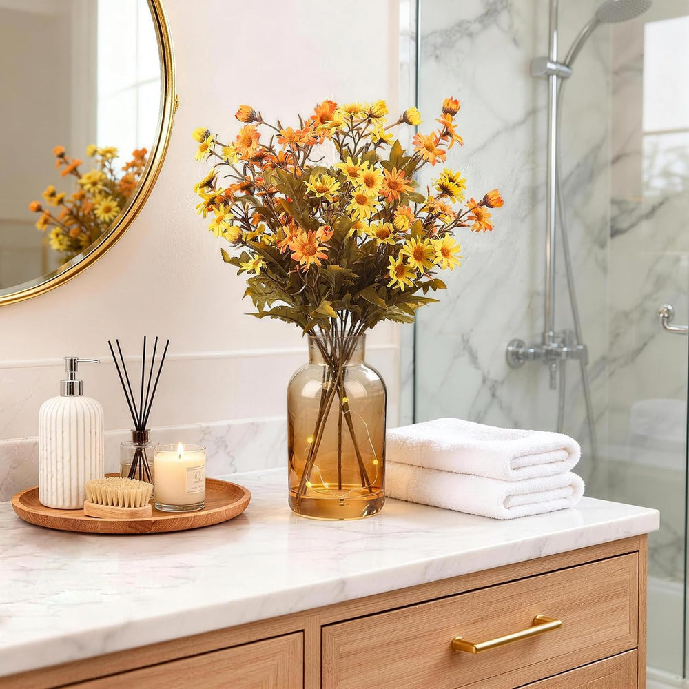 Artificial Daisy Flowers Fall Flowers in Amber Glass Vase with Faux Water