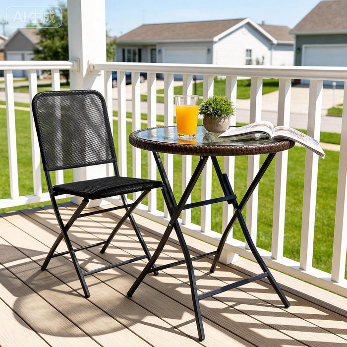 VINGLI 23.6in Modern Brown Rattan Folding Glass Outdoor Side Table, Small Patio Table with Tempered Glass Top,Round,1 Pack