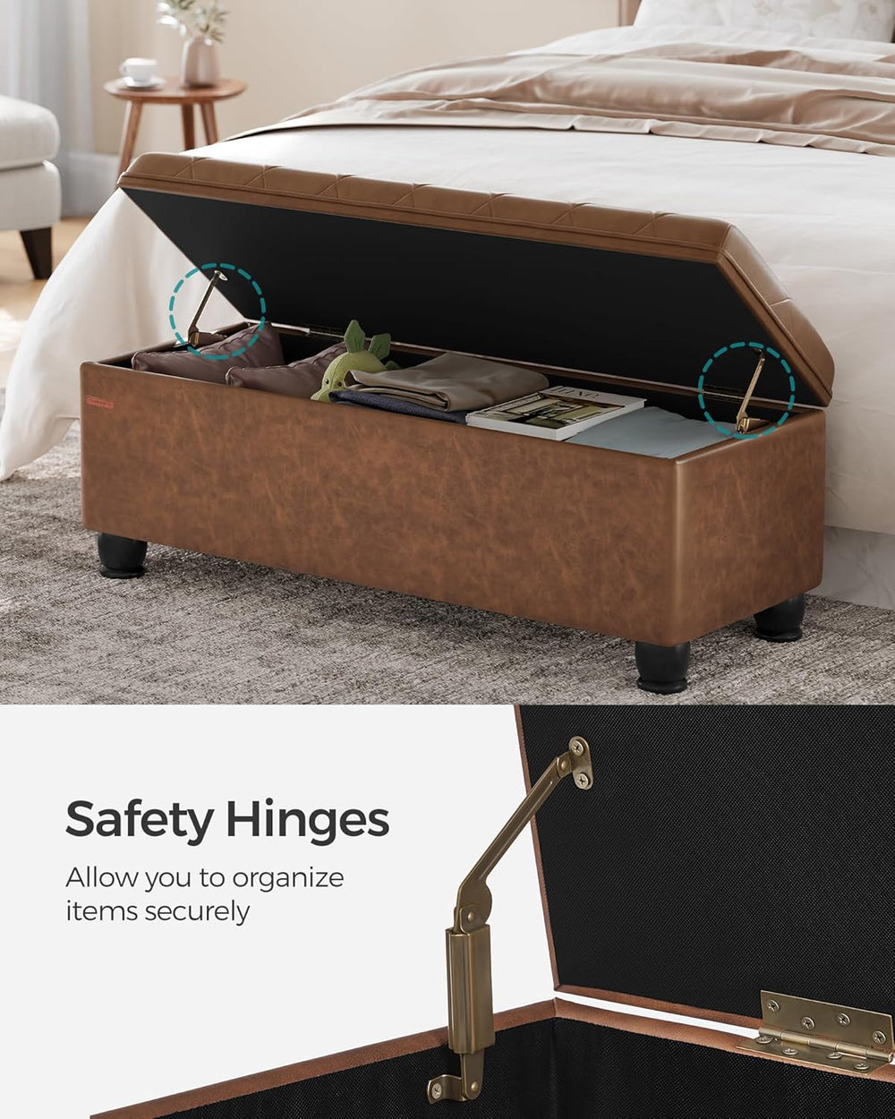 SONGMICS Storage Ottoman, 46.5 Inches Long Bed End Stool, Solid Wood Legs