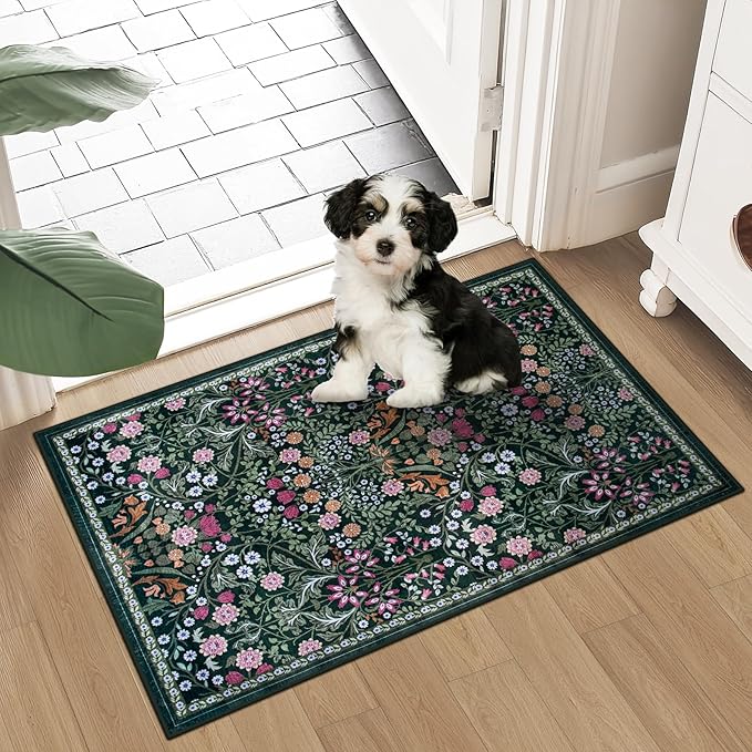 Entryway Rug 2X3 Small Rugs: Floral Washable Door Mat Vintage Soft Low Pile - Image 2