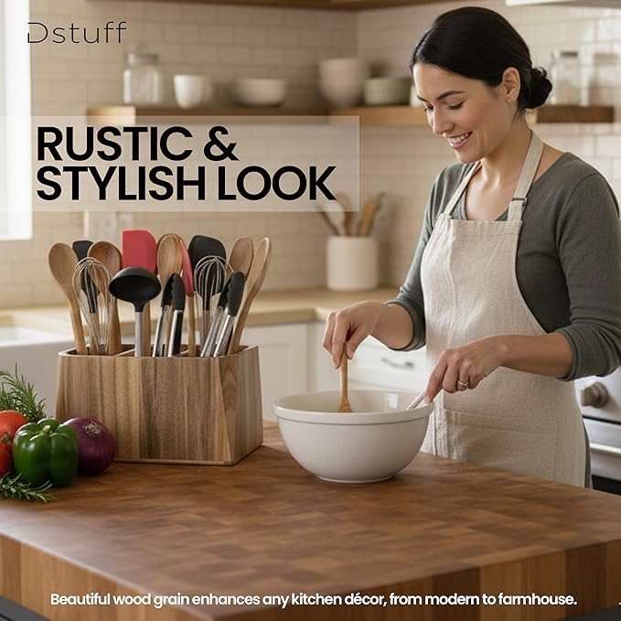 Large Kitchen Utensil Holder for Countertop – Acacia Wood Utensil Organizer - Image 7
