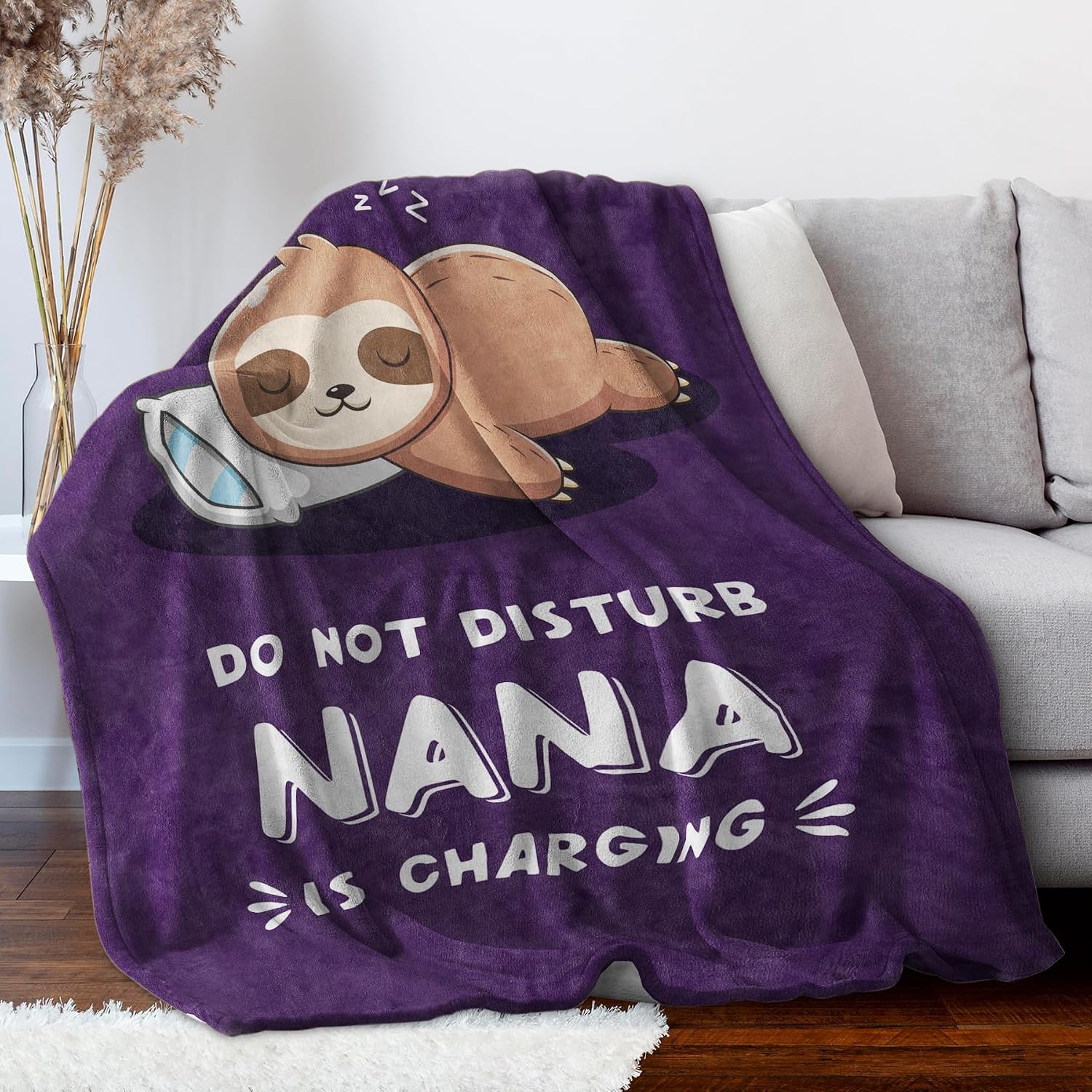Leebbsin Funny Nana Gifts, Nana Birthday Gifts from Grandkids | Nana is Charging Sloth Blanket 60" X 50", Purple, Gifts for Nana Christmas Mothers Day, Soft Sloth Throws Blanket for Nana