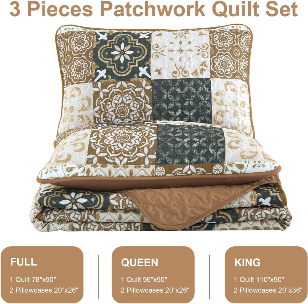 Patchwork Quilt Set King Size, Boho Farmhouse Bedspread Brown