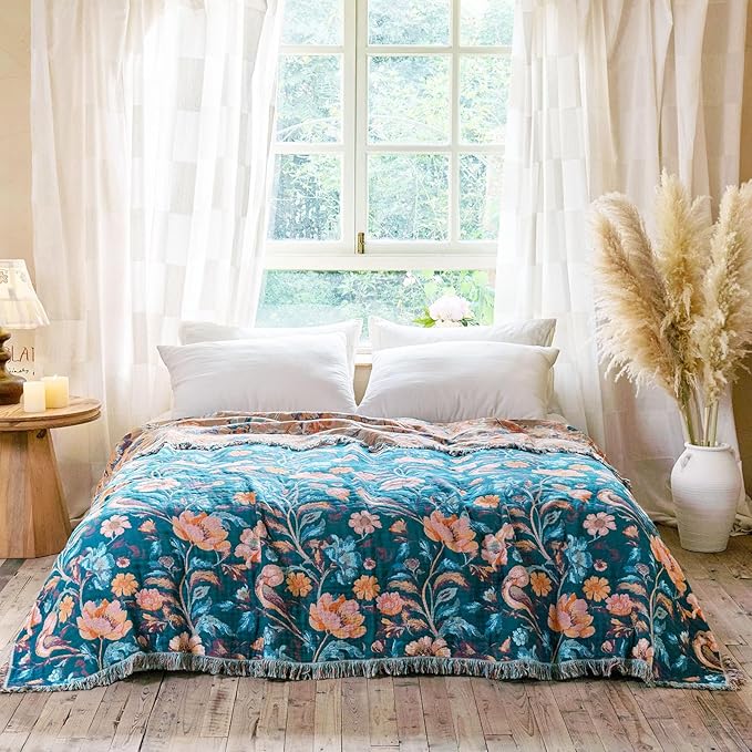 MSGKV Boho Throw Blanket for Bed 60"x80" Cotton Birds Floral Twin Size Couch - Image 5