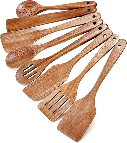 8 Pcs Best Non Toxic Kitchen Utensil Set Teak Wooden Cooking Spoons Nonstick by Ayiaren