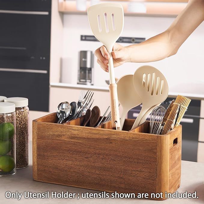 16" Wooden Kitchen Utensil Holder, Extra Large Acacia Wood Organizer - Image 3