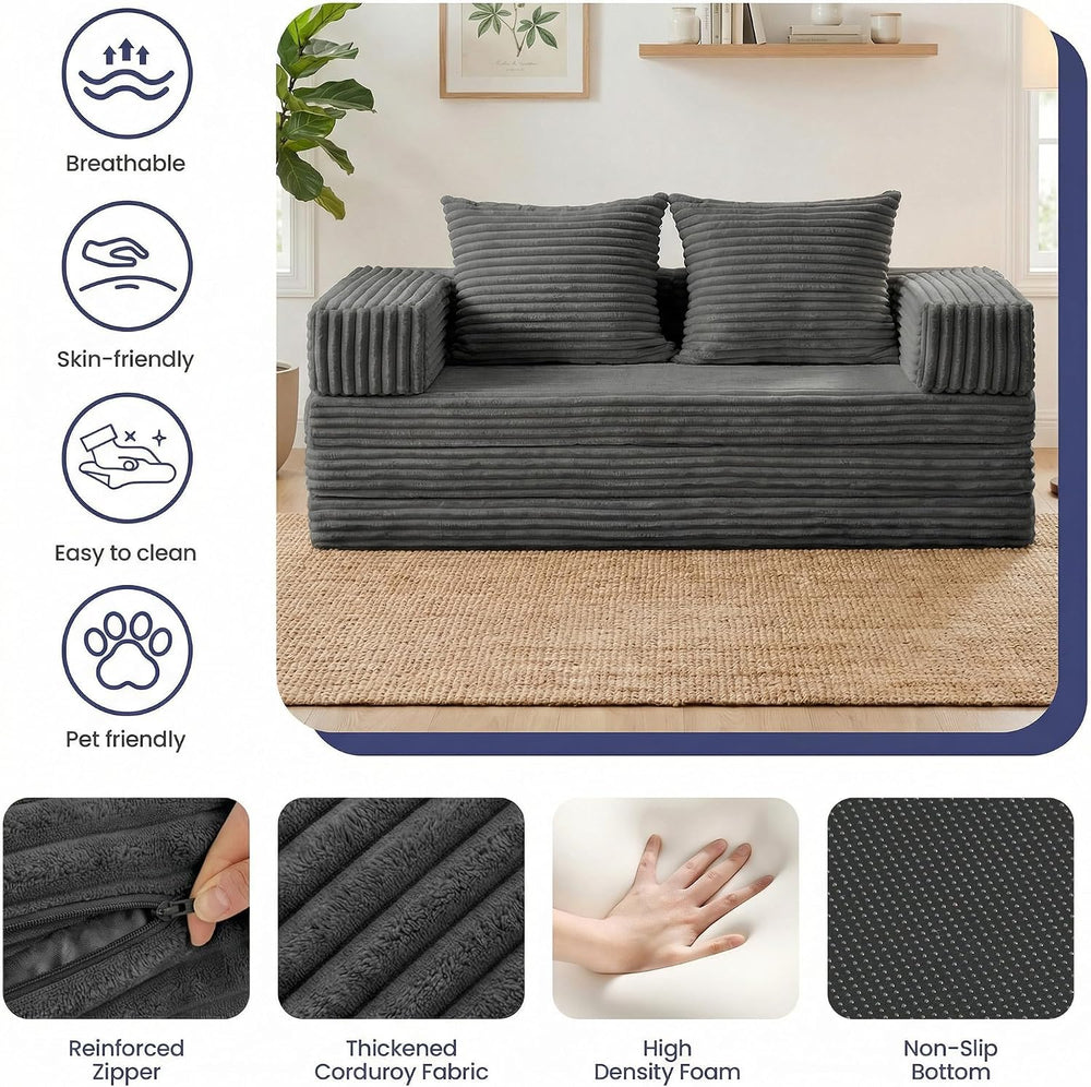 Convertible Sofa Bed, 4-in-1 Boneless Loveseat with Removable Armrests Backre...