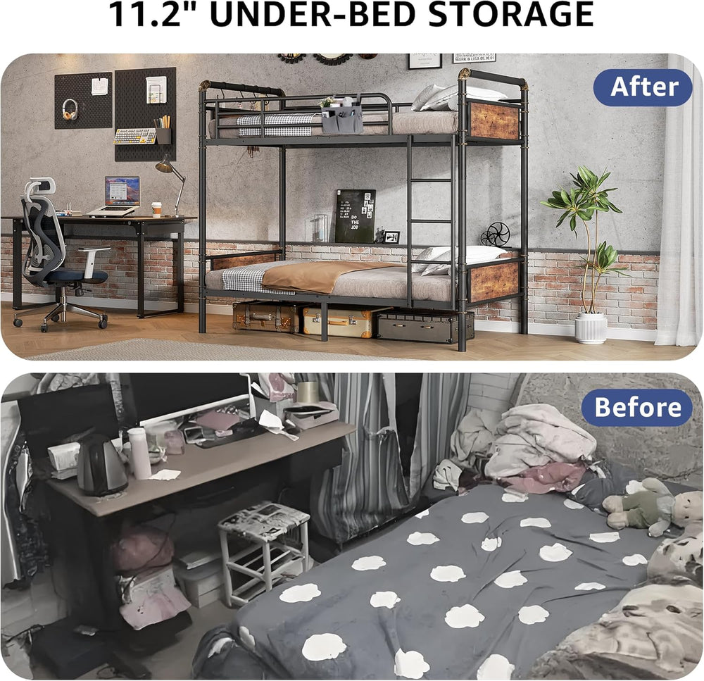 Jocoevol Metal Bunk Bed Twin Over Twin, Industrial Bunkbeds Heavy Duty Bed wi...