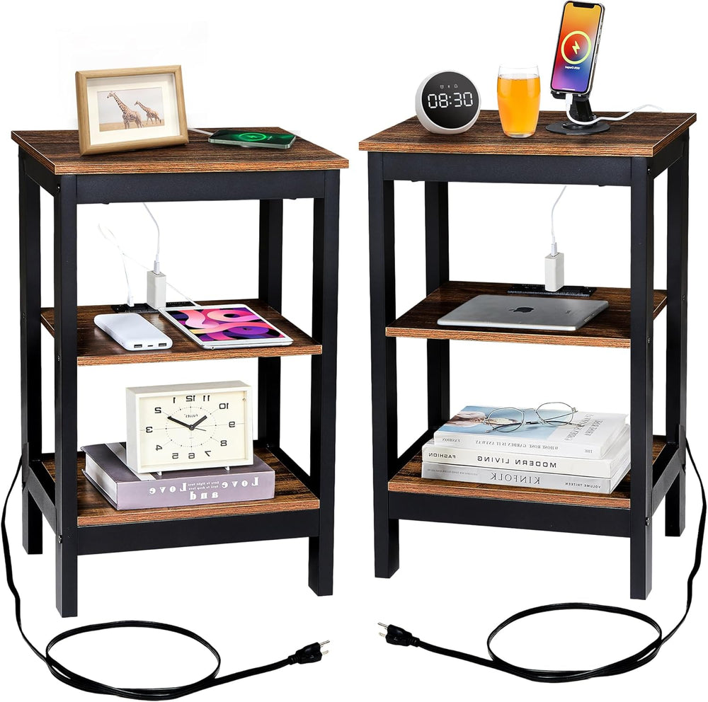 VECELO End Table with Charging Station and USB Ports, Small Wood Nightstand M...