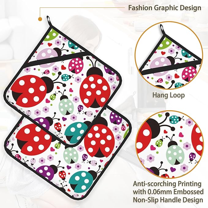 Ladybug Flower Pot Holder Set of 2, Heat Resistant Potholders Oven Hot Pads - Image 4