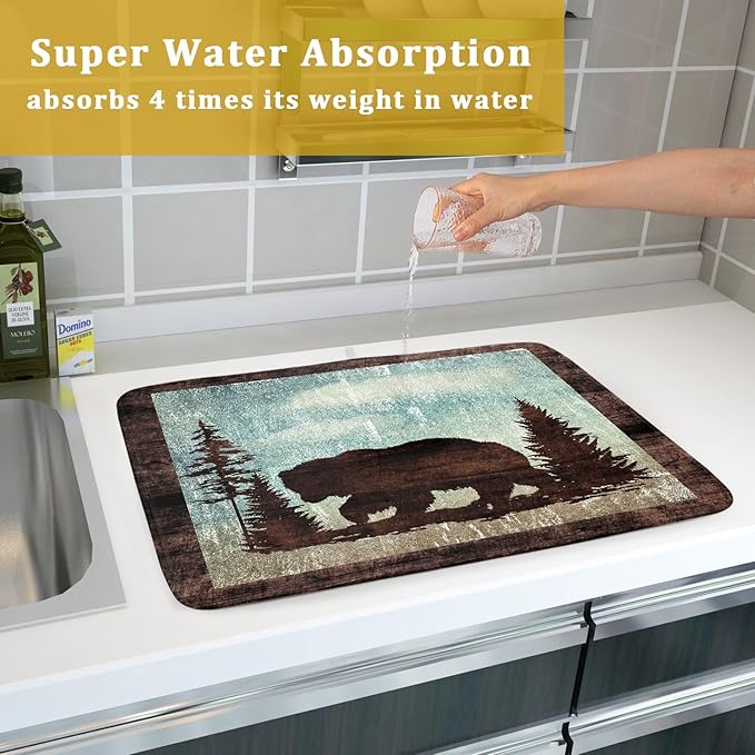 Giwawa Retro Brown Bear Forest Cabin Dish Drying Mat Countertop 18x24 Fall Blue - Image 7