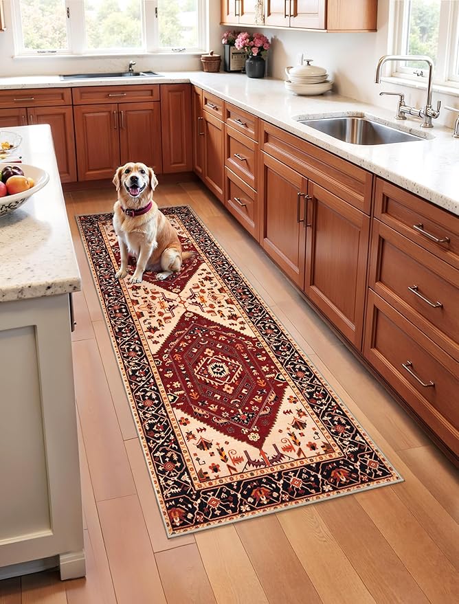 SERISSA Boho Washable Runner Rug, 2x5 Rug Runner Non-Slip Vintage Red Black by SERISSAHomeDecorCollection