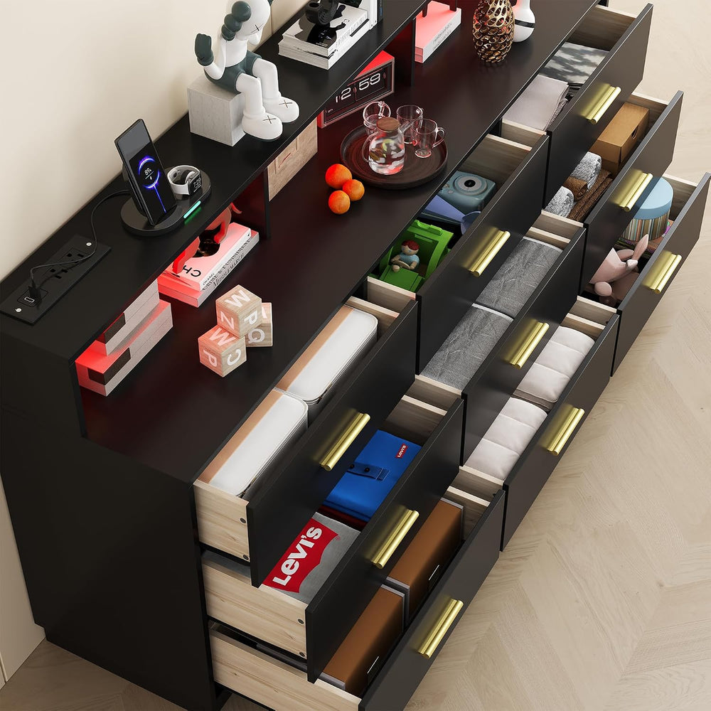 UNIQUITE Black 9 Drawer Dressers for Bedroom, Modern Large Dresser with LED L...