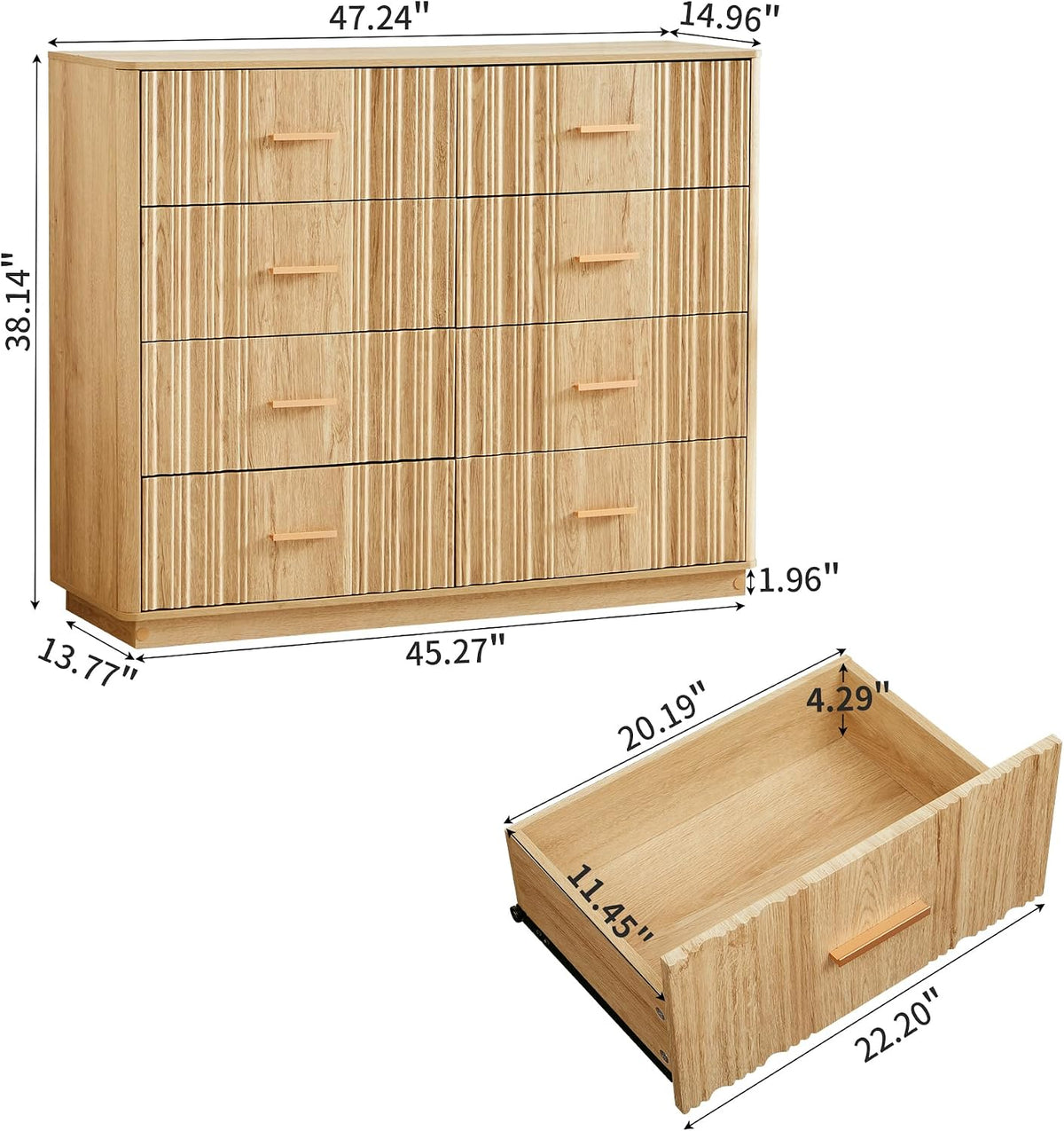 fluted dresser for bedroom with 8 drawers, 47" shown in use
