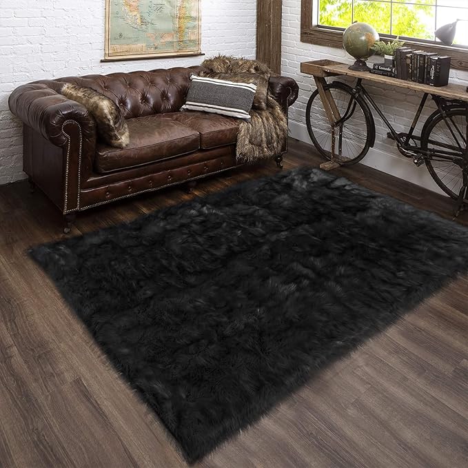 Latepis Rugs for Living Room Alfombras para Salas 5x8 Faux Sheepskin Black Fur by Latepis