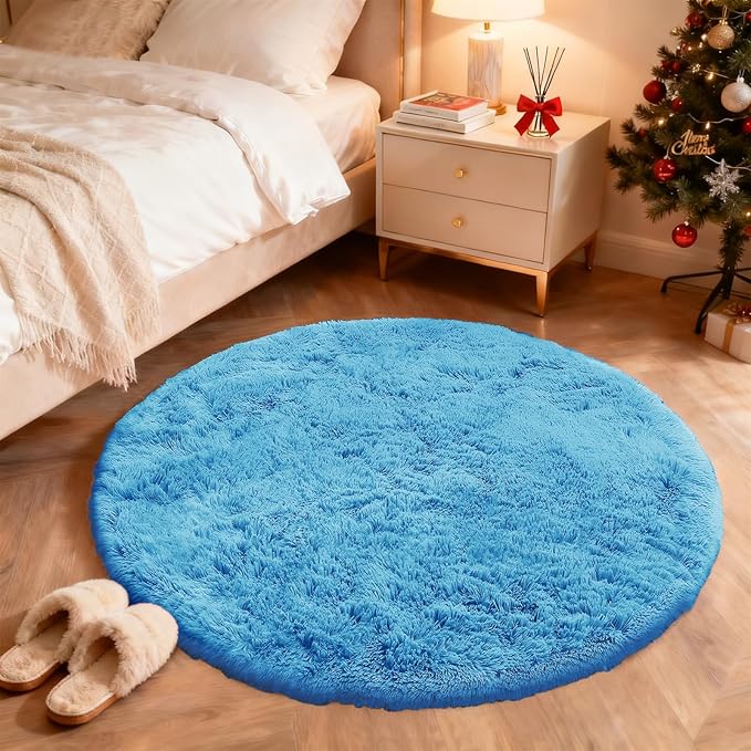 OLANLY Bright Blue Round Rugs for Bedroom - Image 3