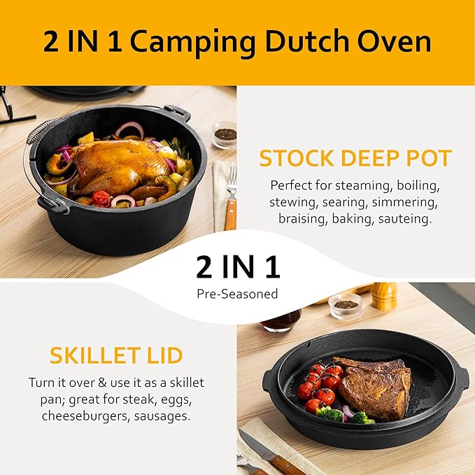 Velaze 10QT Camping Dutch Oven, Pre-Seasoned Cast Iron Camp Dutch Oven Pot - Image 3