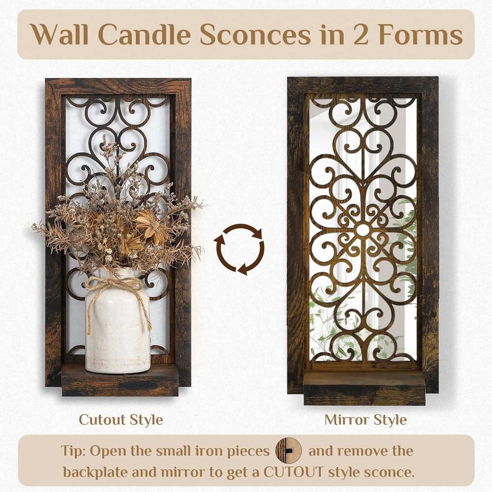 Mirrored Browm Wall Candle Sconces Set of 2 with Scrollwork Design